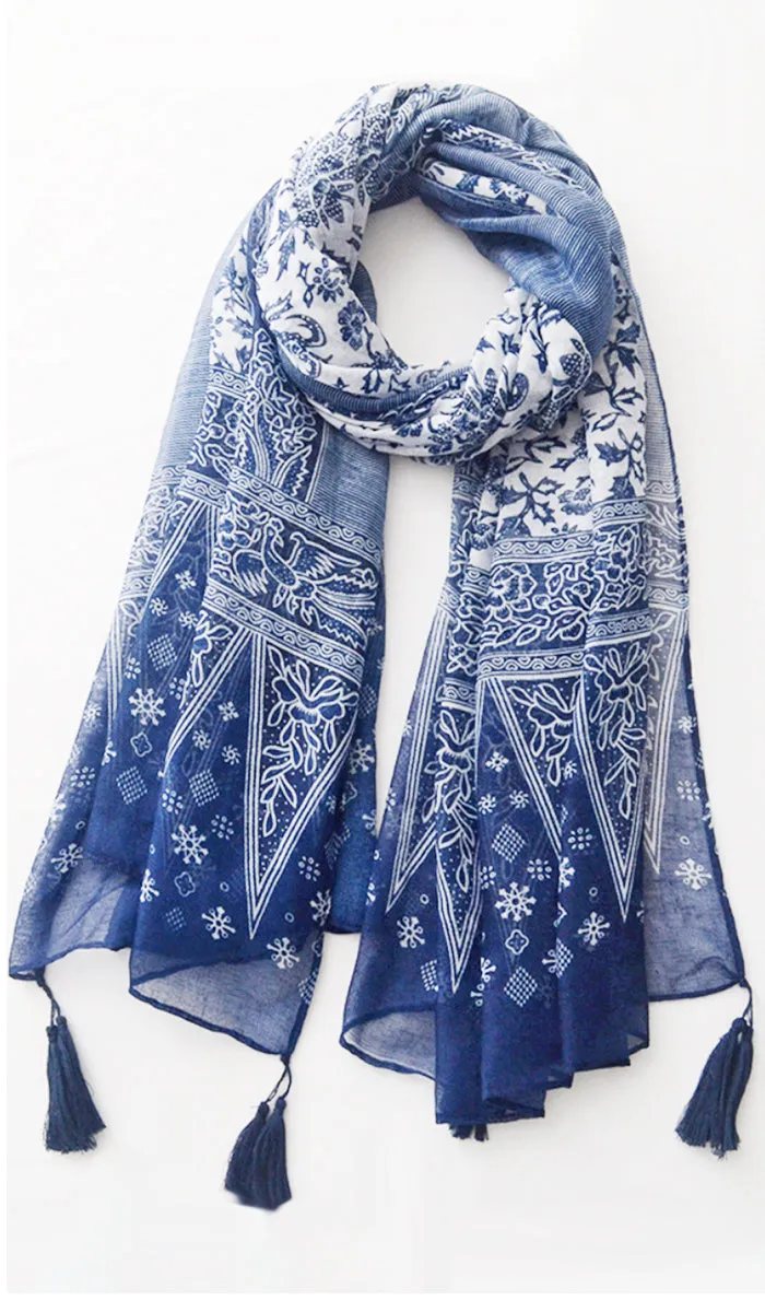 Alineh Non-slip Cotton Striped Wrap Hijab Scarf - Navy Blue/White