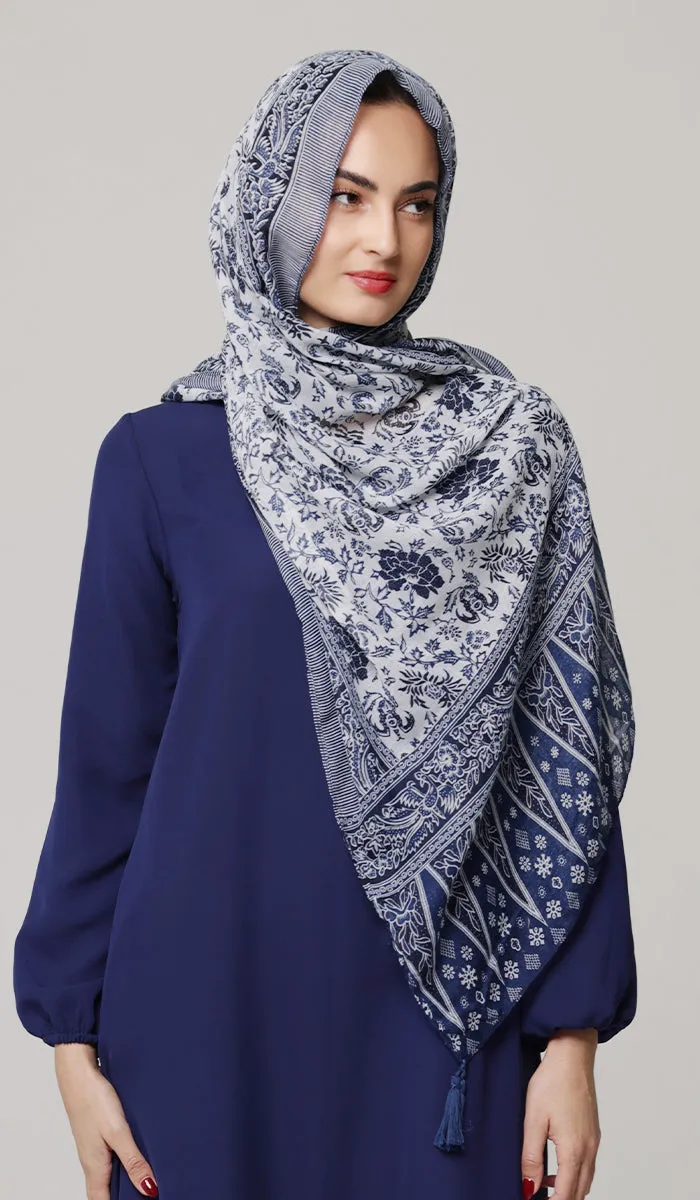 Alineh Non-slip Cotton Striped Wrap Hijab Scarf - Navy Blue/White