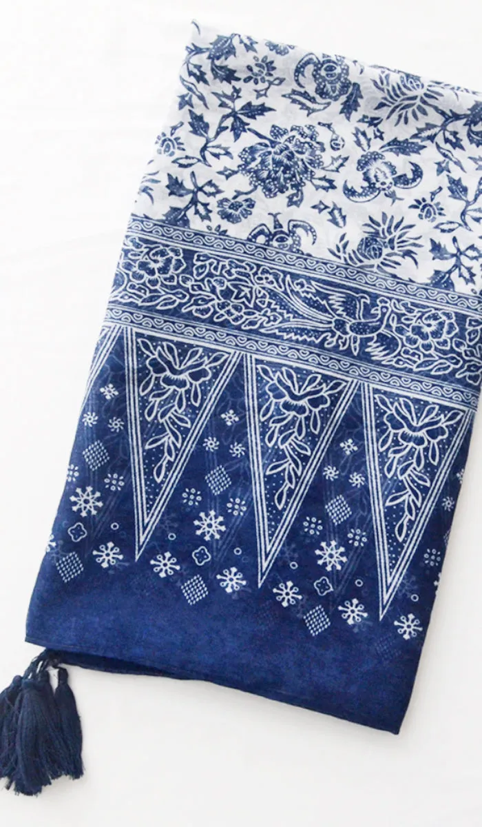 Alineh Non-slip Cotton Striped Wrap Hijab Scarf - Navy Blue/White