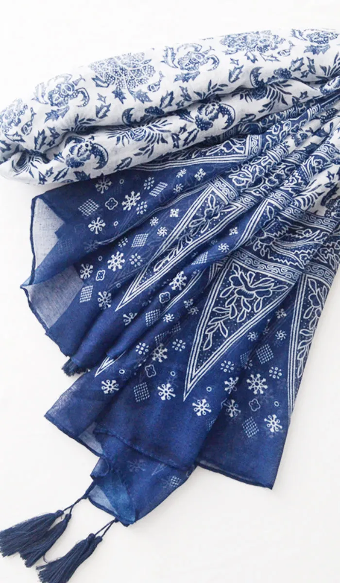 Alineh Non-slip Cotton Striped Wrap Hijab Scarf - Navy Blue/White