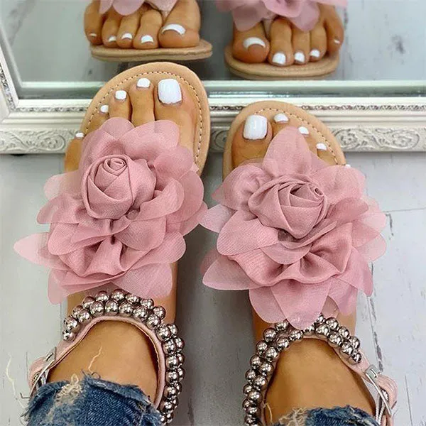 Amozae 3D Flower String Beads Ankle Straps Flat Sandals