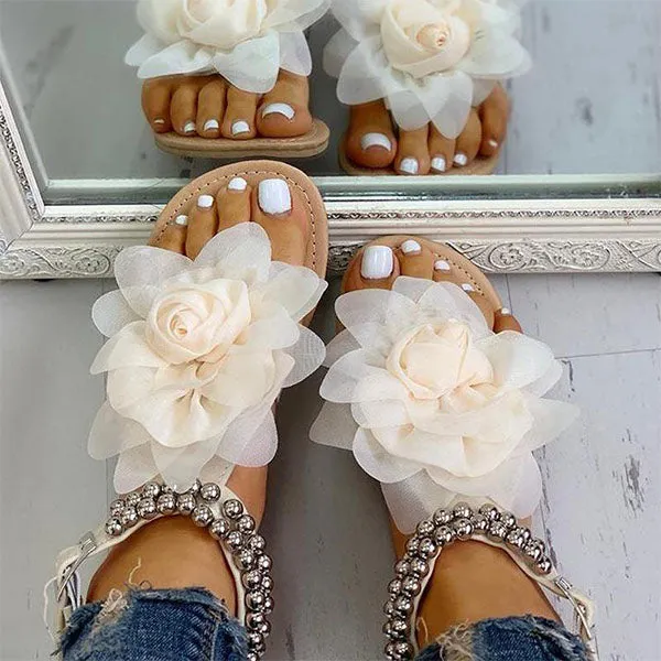 Amozae 3D Flower String Beads Ankle Straps Flat Sandals