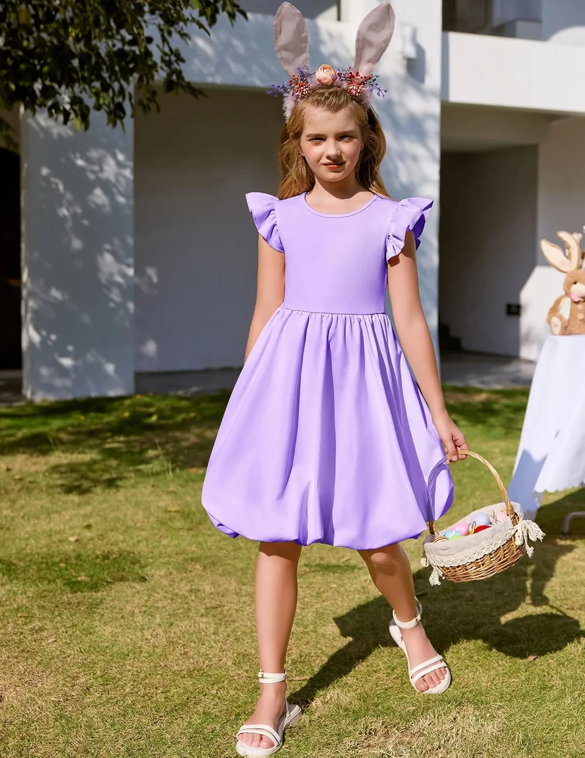Arshiner Tween Girls Bubble Dress Ruffle Sleeve Party Midi Dresses