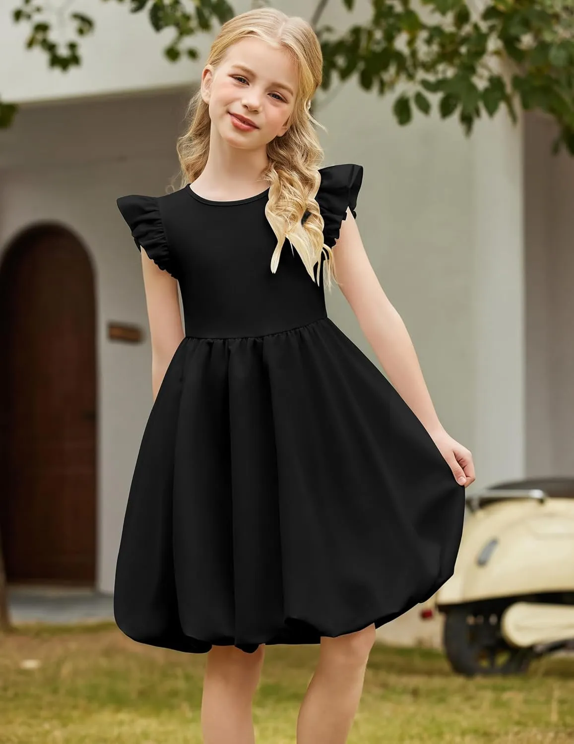 Arshiner Tween Girls Bubble Dress Ruffle Sleeve Party Midi Dresses