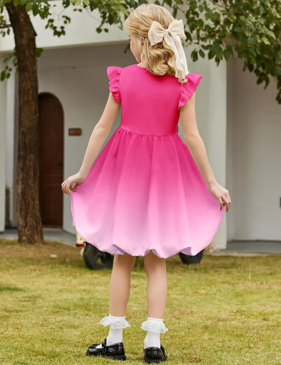 Arshiner Tween Girls Bubble Dress Ruffle Sleeve Party Midi Dresses