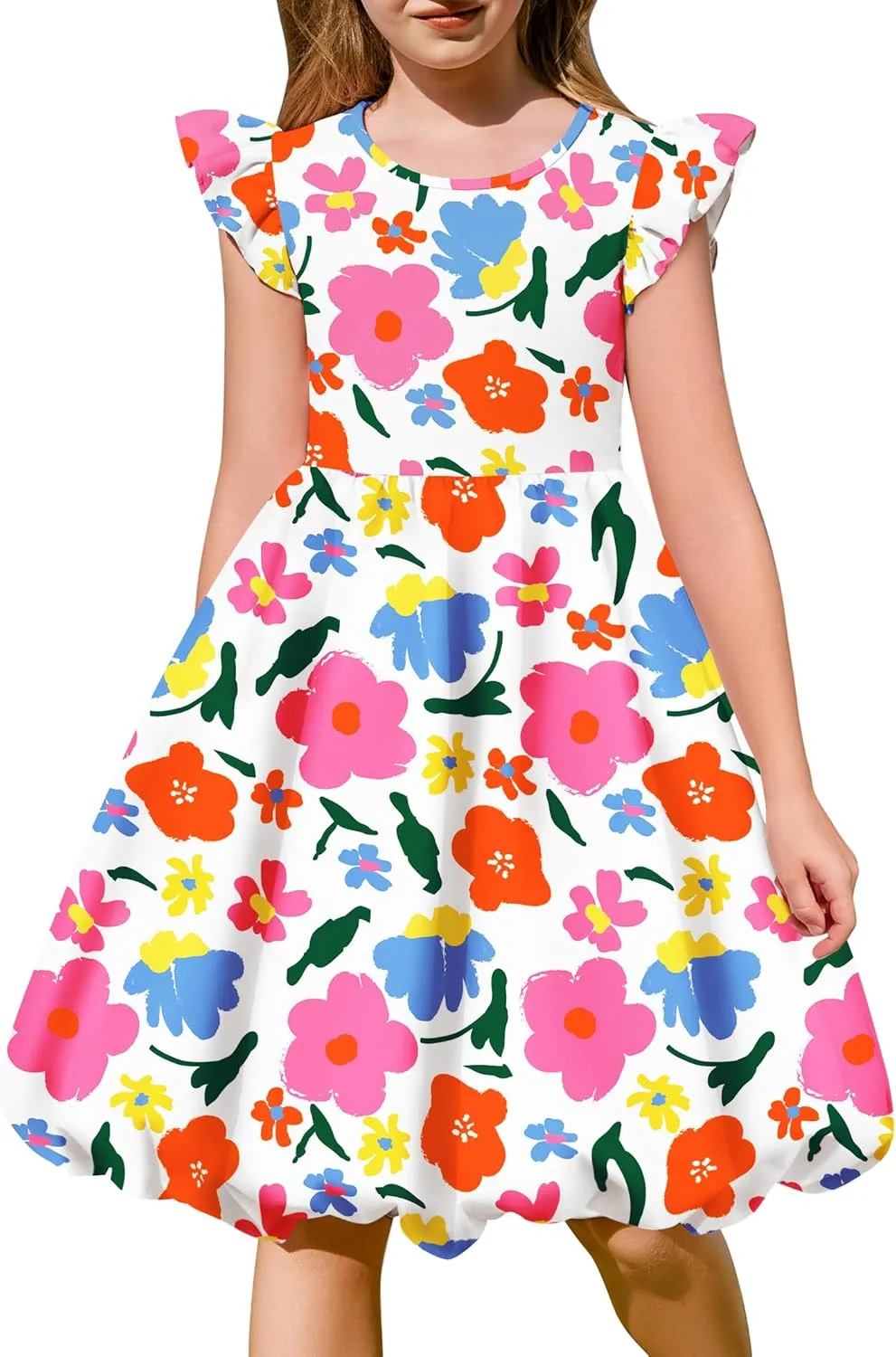 Arshiner Tween Girls Bubble Dress Ruffle Sleeve Party Midi Dresses