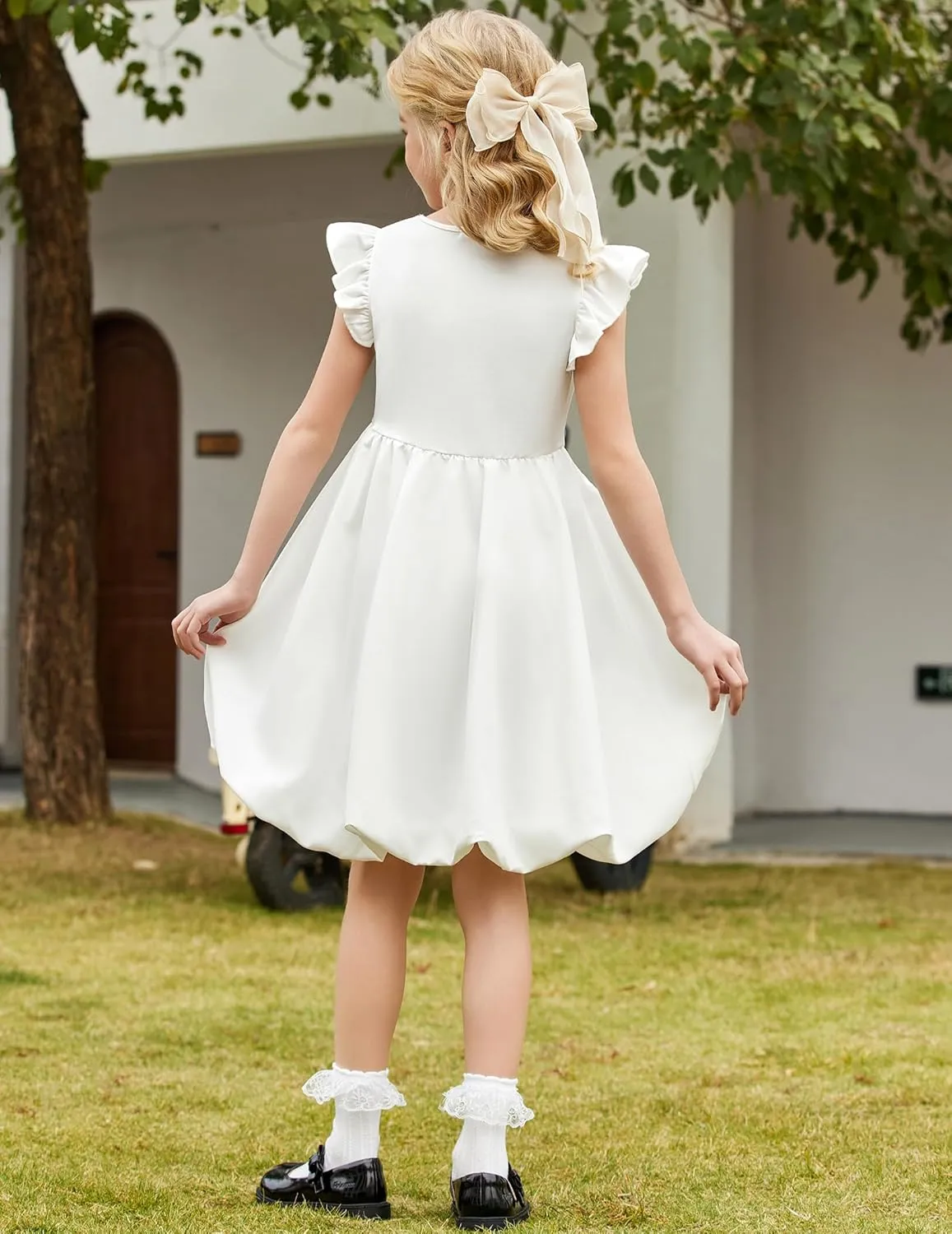 Arshiner Tween Girls Bubble Dress Ruffle Sleeve Party Midi Dresses