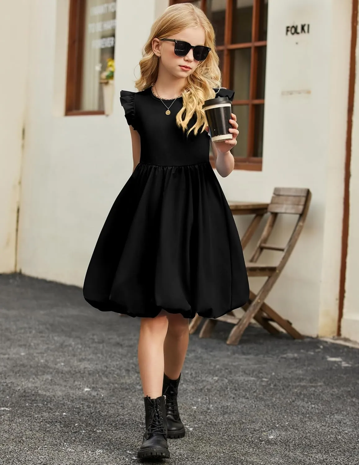 Arshiner Tween Girls Bubble Dress Ruffle Sleeve Party Midi Dresses