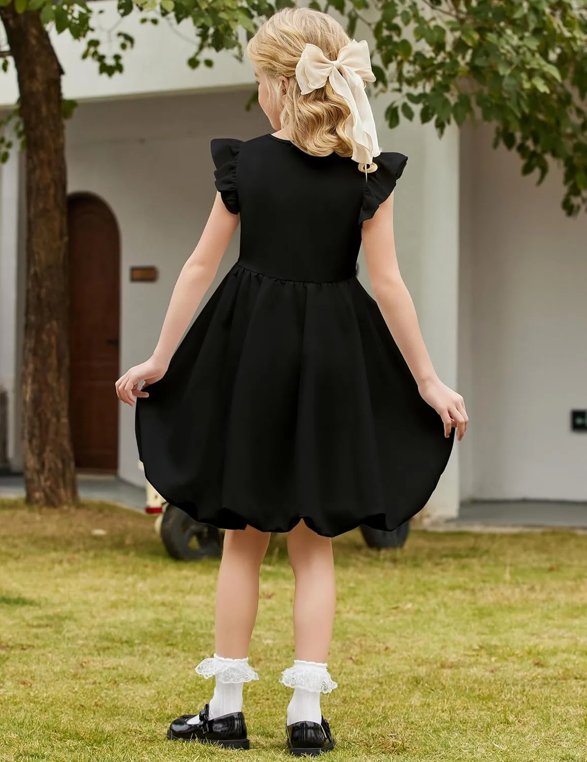Arshiner Tween Girls Bubble Dress Ruffle Sleeve Party Midi Dresses
