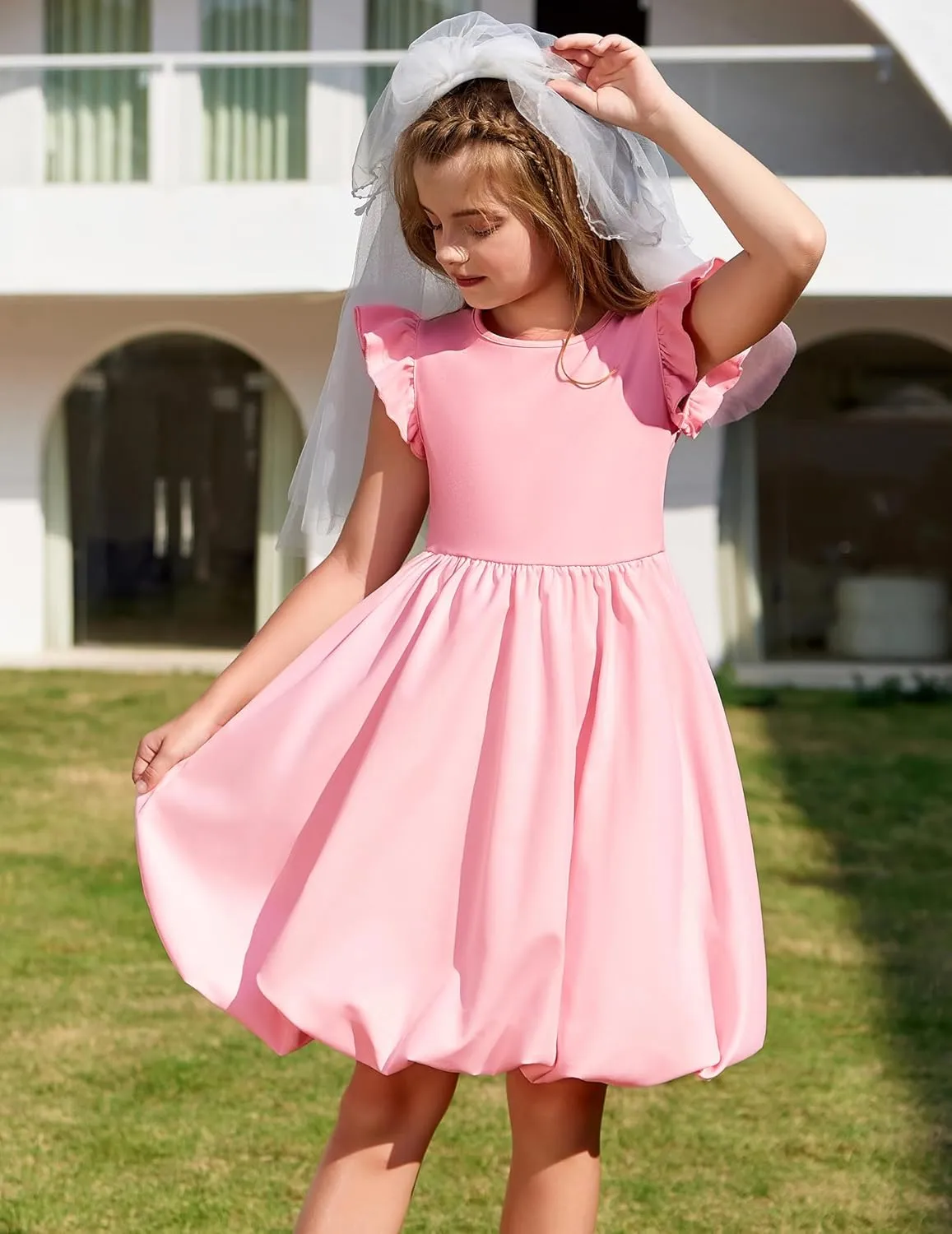 Arshiner Tween Girls Bubble Dress Ruffle Sleeve Party Midi Dresses