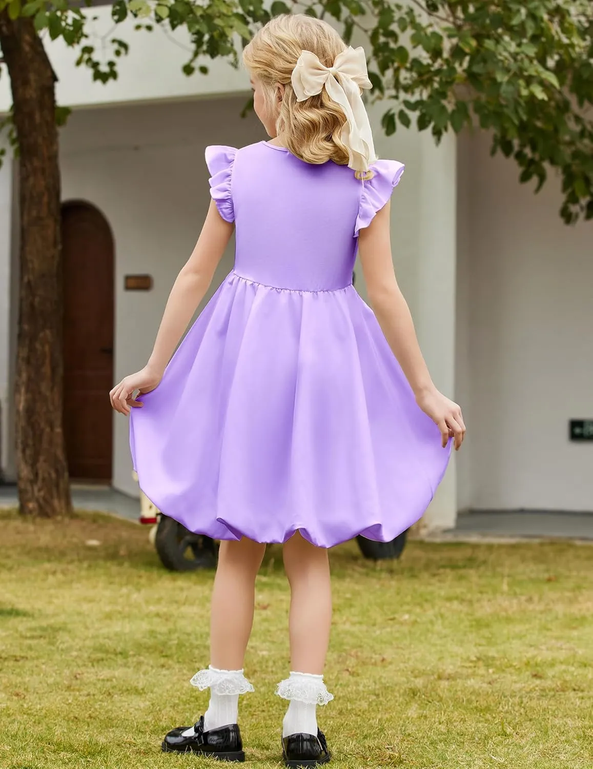 Arshiner Tween Girls Bubble Dress Ruffle Sleeve Party Midi Dresses