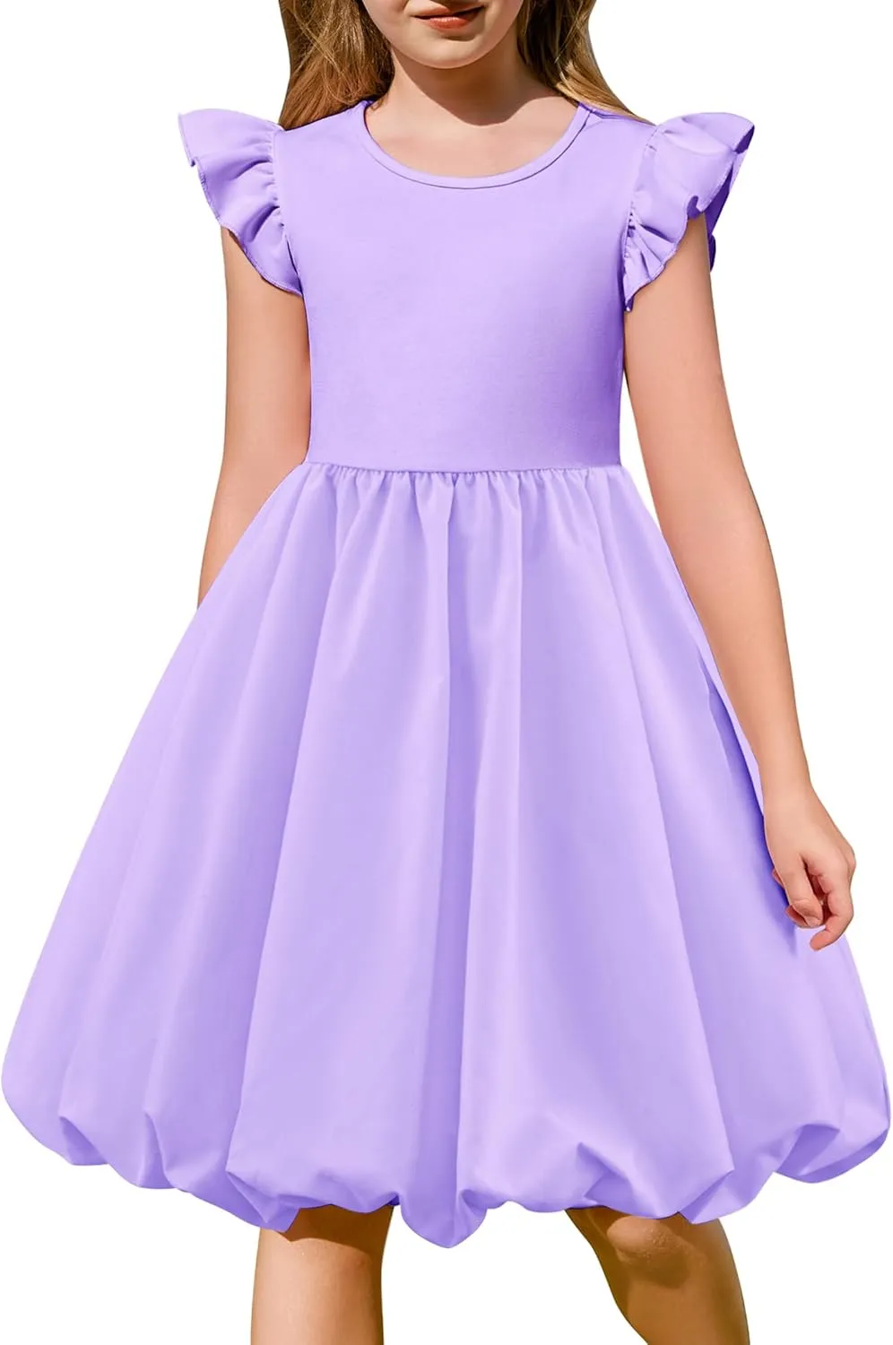 Arshiner Tween Girls Bubble Dress Ruffle Sleeve Party Midi Dresses