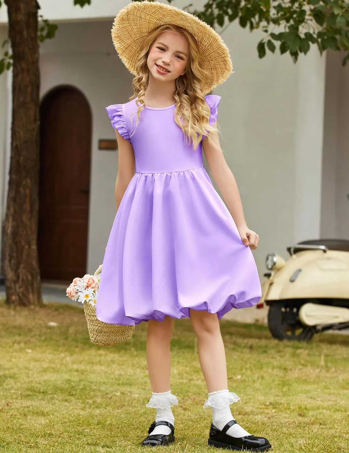 Arshiner Tween Girls Bubble Dress Ruffle Sleeve Party Midi Dresses