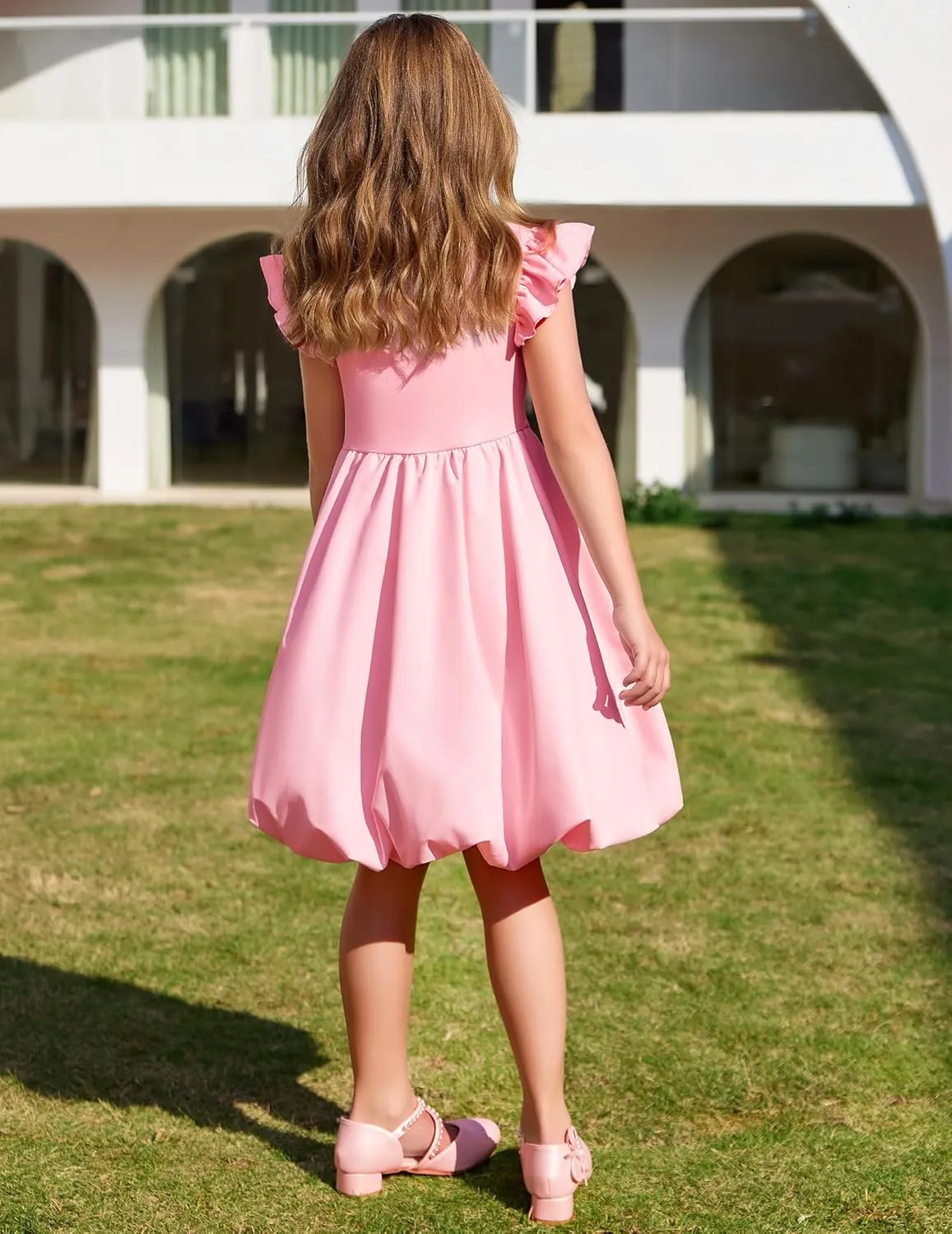 Arshiner Tween Girls Bubble Dress Ruffle Sleeve Party Midi Dresses