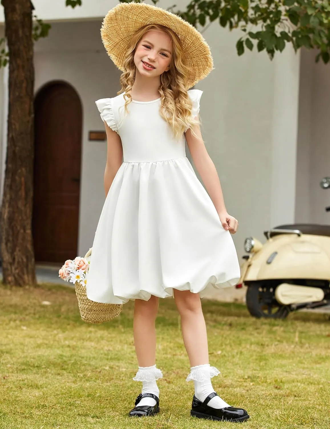 Arshiner Tween Girls Bubble Dress Ruffle Sleeve Party Midi Dresses
