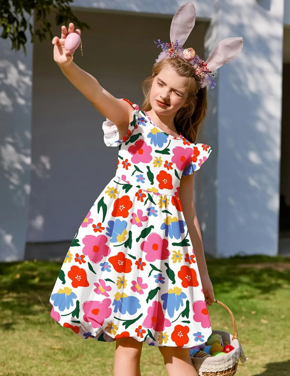 Arshiner Tween Girls Bubble Dress Ruffle Sleeve Party Midi Dresses