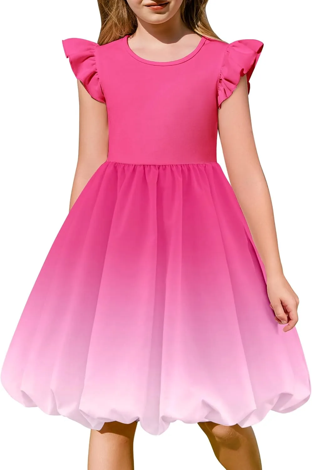Arshiner Tween Girls Bubble Dress Ruffle Sleeve Party Midi Dresses