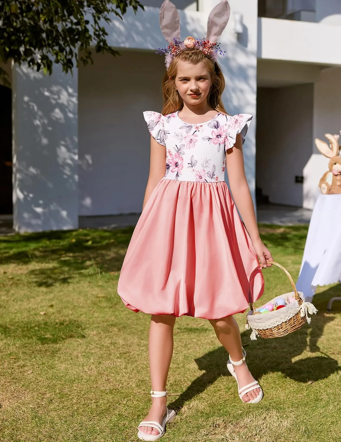 Arshiner Tween Girls Bubble Dress Ruffle Sleeve Party Midi Dresses