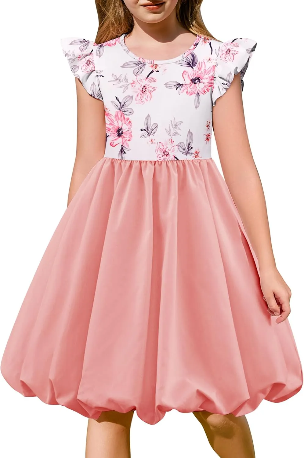 Arshiner Tween Girls Bubble Dress Ruffle Sleeve Party Midi Dresses