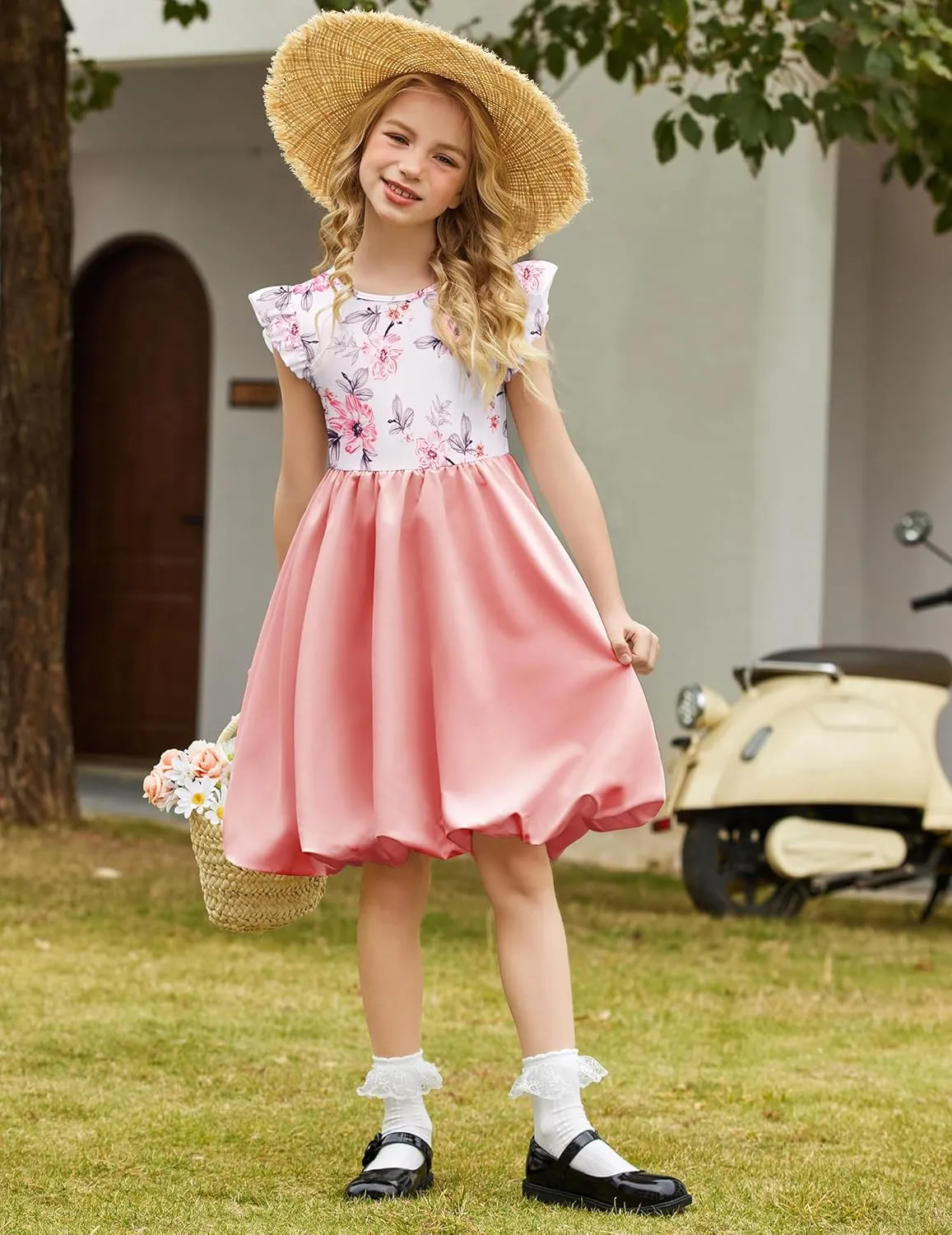 Arshiner Tween Girls Bubble Dress Ruffle Sleeve Party Midi Dresses