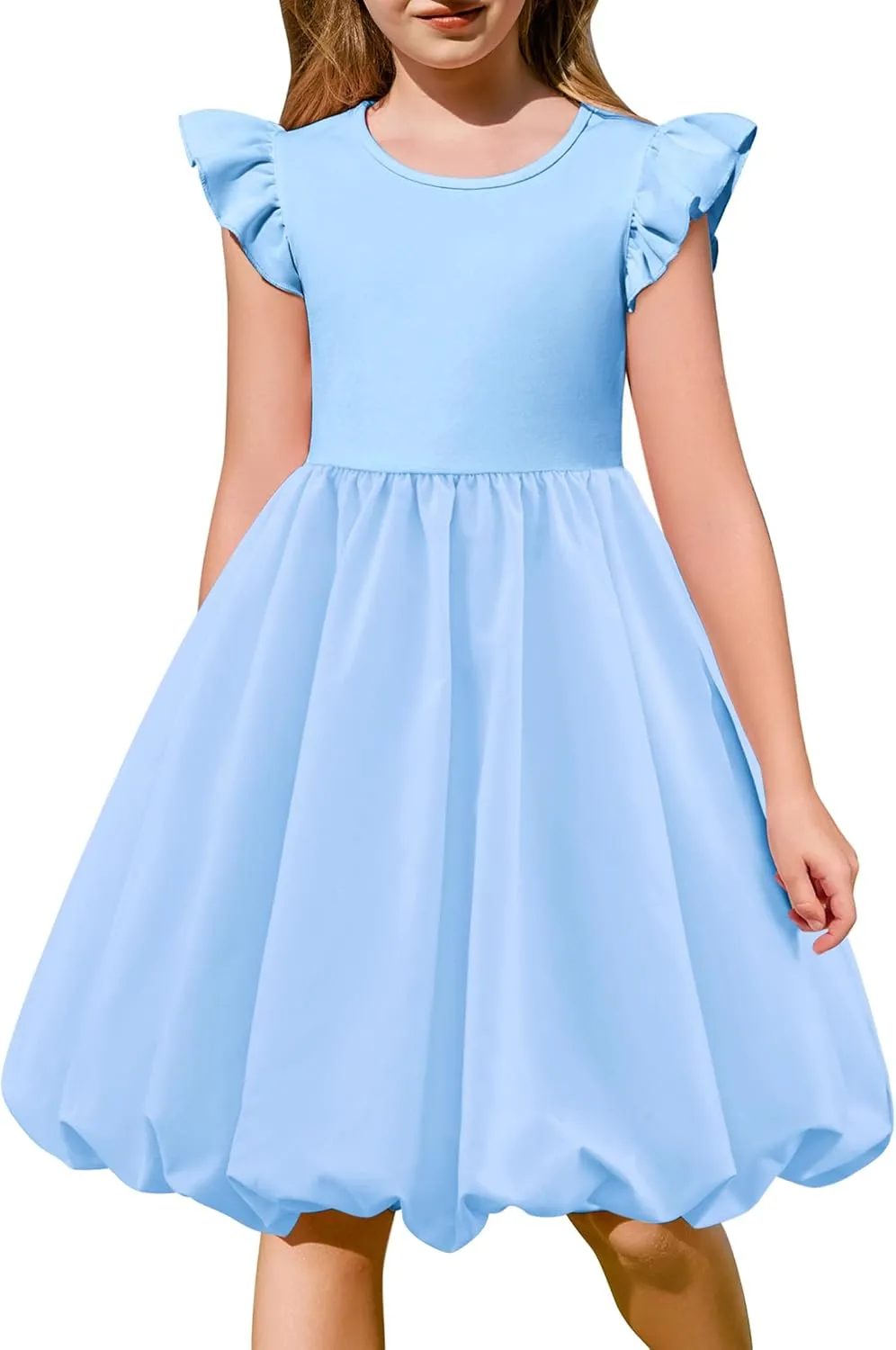 Arshiner Tween Girls Bubble Dress Ruffle Sleeve Party Midi Dresses