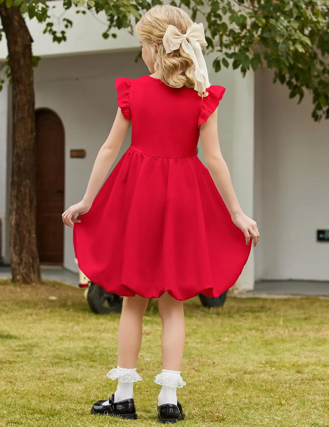 Arshiner Tween Girls Bubble Dress Ruffle Sleeve Party Midi Dresses