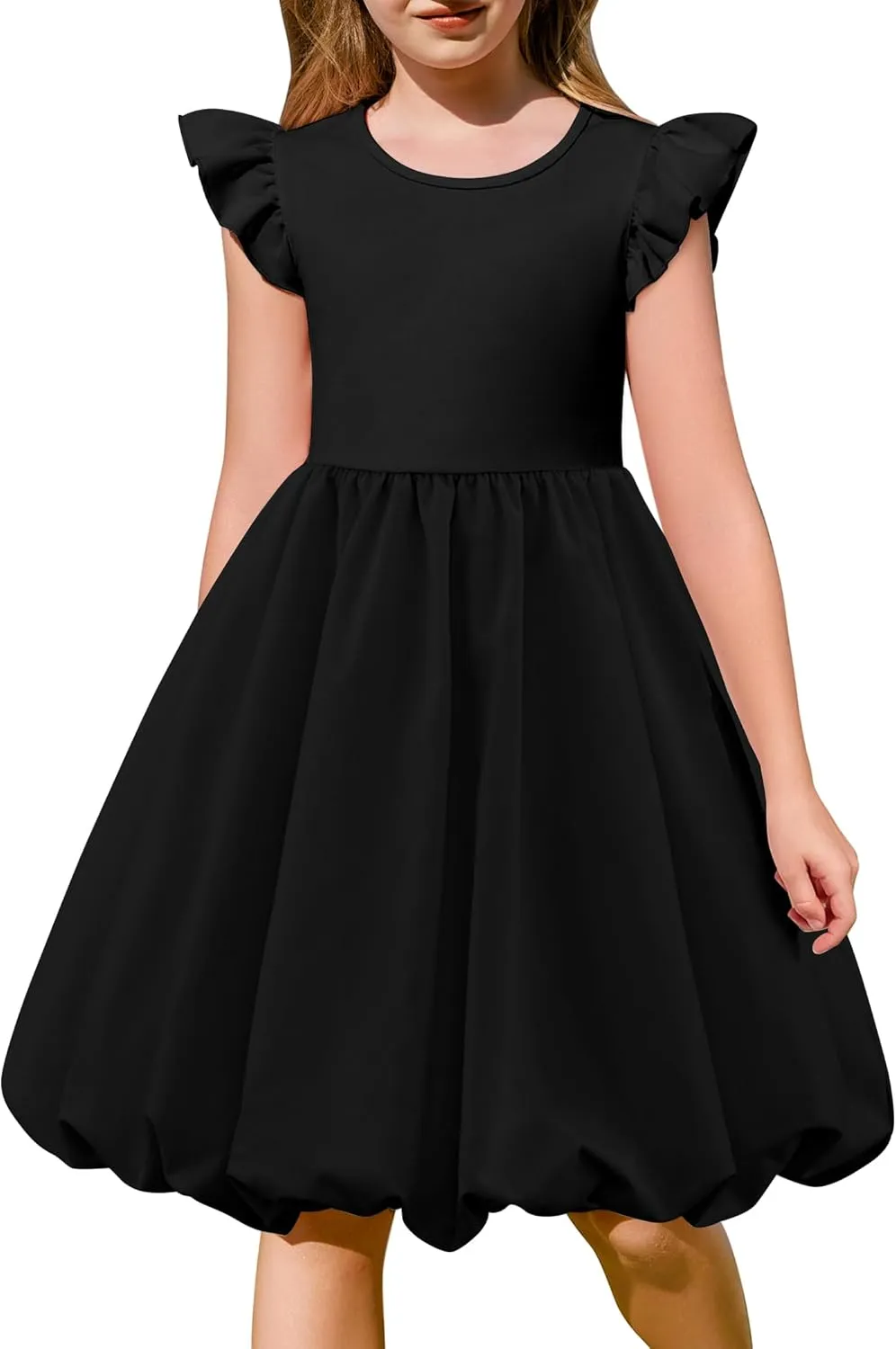 Arshiner Tween Girls Bubble Dress Ruffle Sleeve Party Midi Dresses