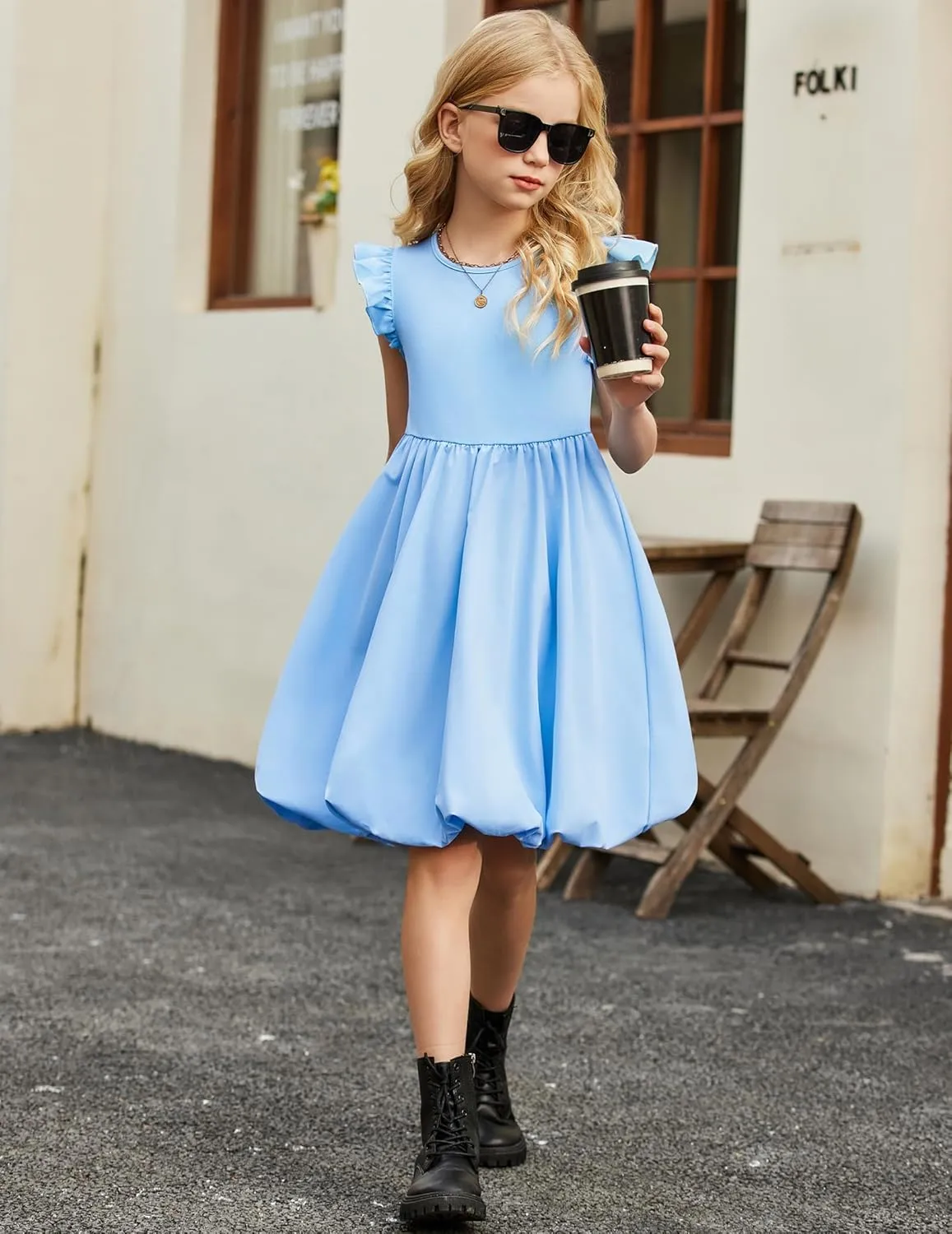 Arshiner Tween Girls Bubble Dress Ruffle Sleeve Party Midi Dresses