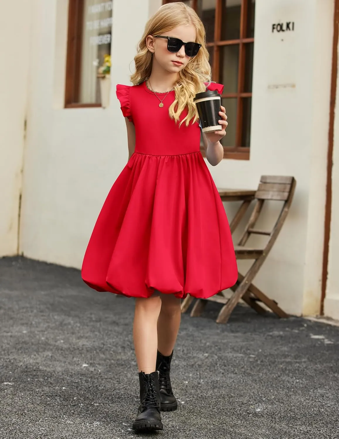 Arshiner Tween Girls Bubble Dress Ruffle Sleeve Party Midi Dresses