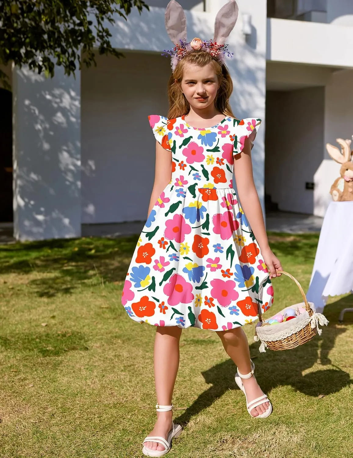 Arshiner Tween Girls Bubble Dress Ruffle Sleeve Party Midi Dresses