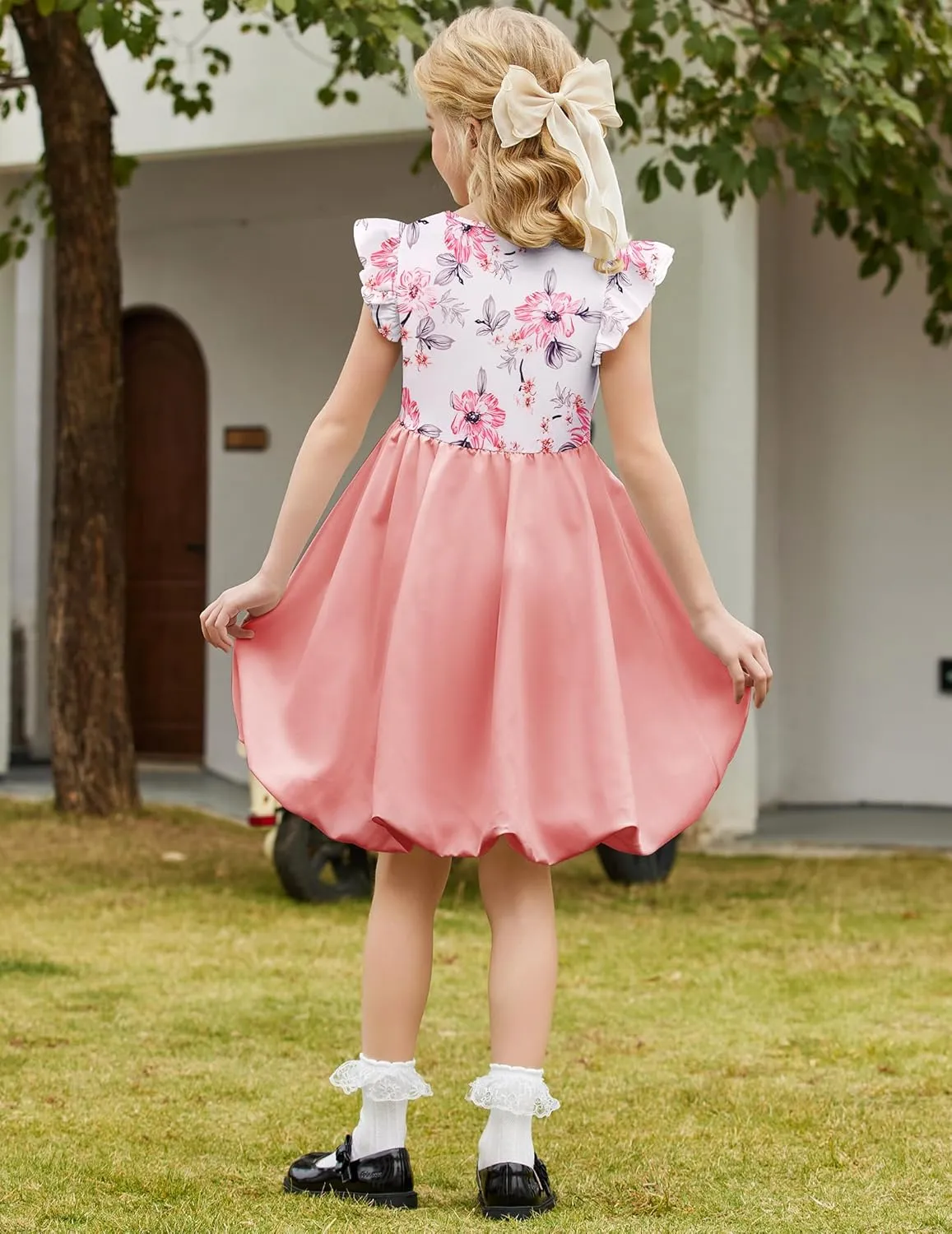 Arshiner Tween Girls Bubble Dress Ruffle Sleeve Party Midi Dresses