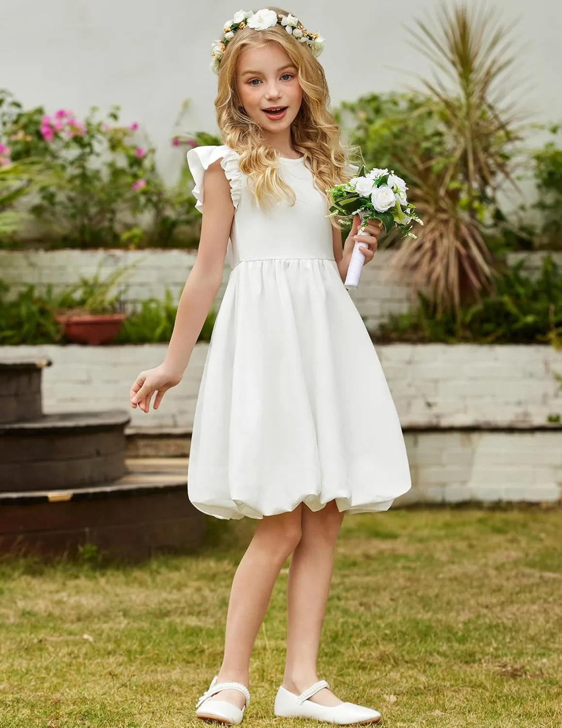 Arshiner Tween Girls Bubble Dress Ruffle Sleeve Party Midi Dresses
