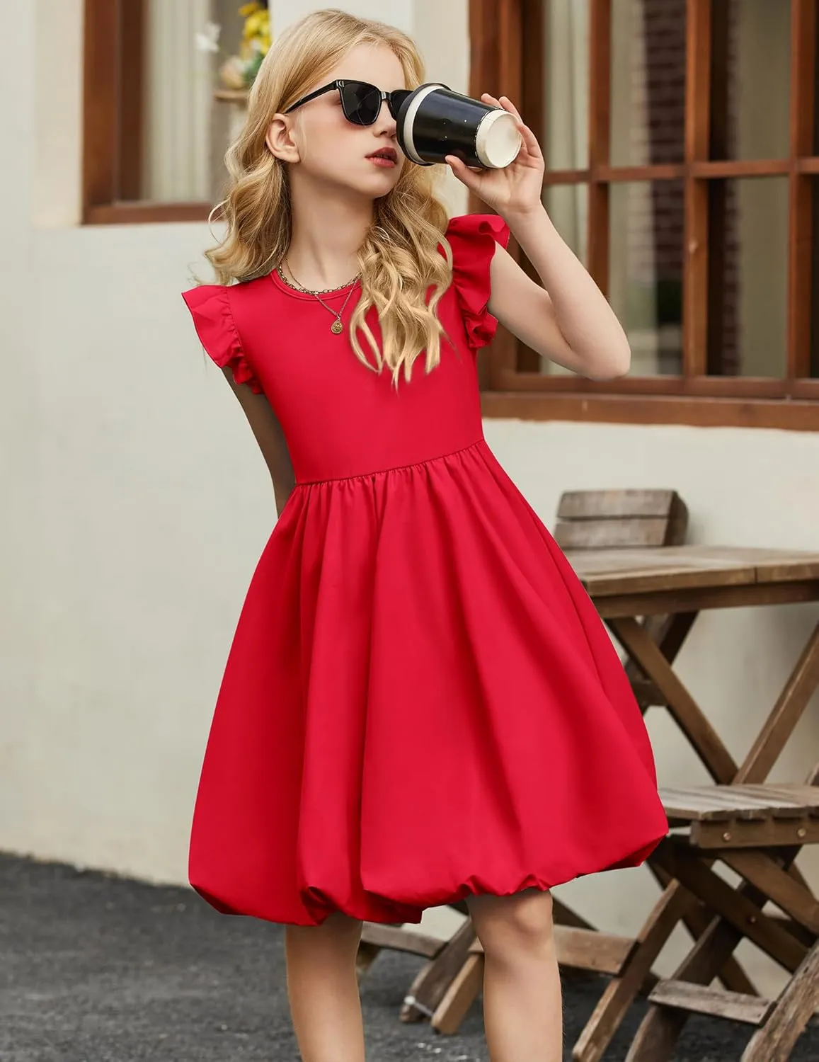 Arshiner Tween Girls Bubble Dress Ruffle Sleeve Party Midi Dresses