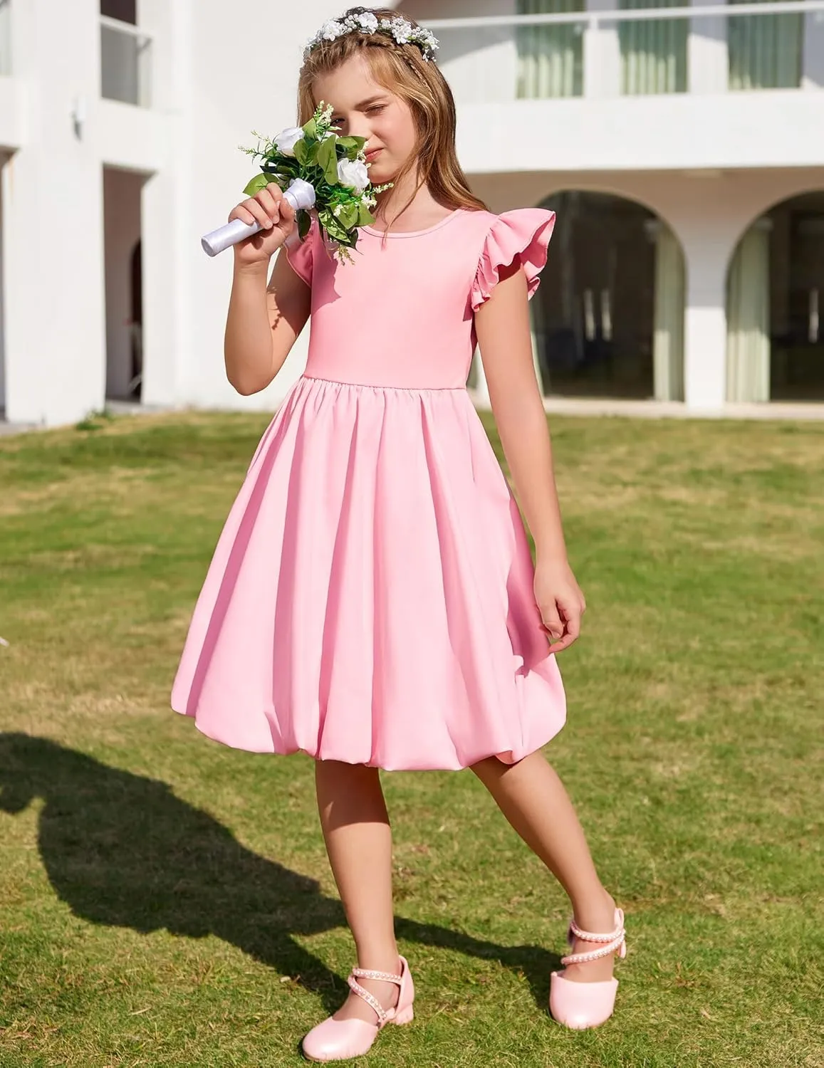 Arshiner Tween Girls Bubble Dress Ruffle Sleeve Party Midi Dresses