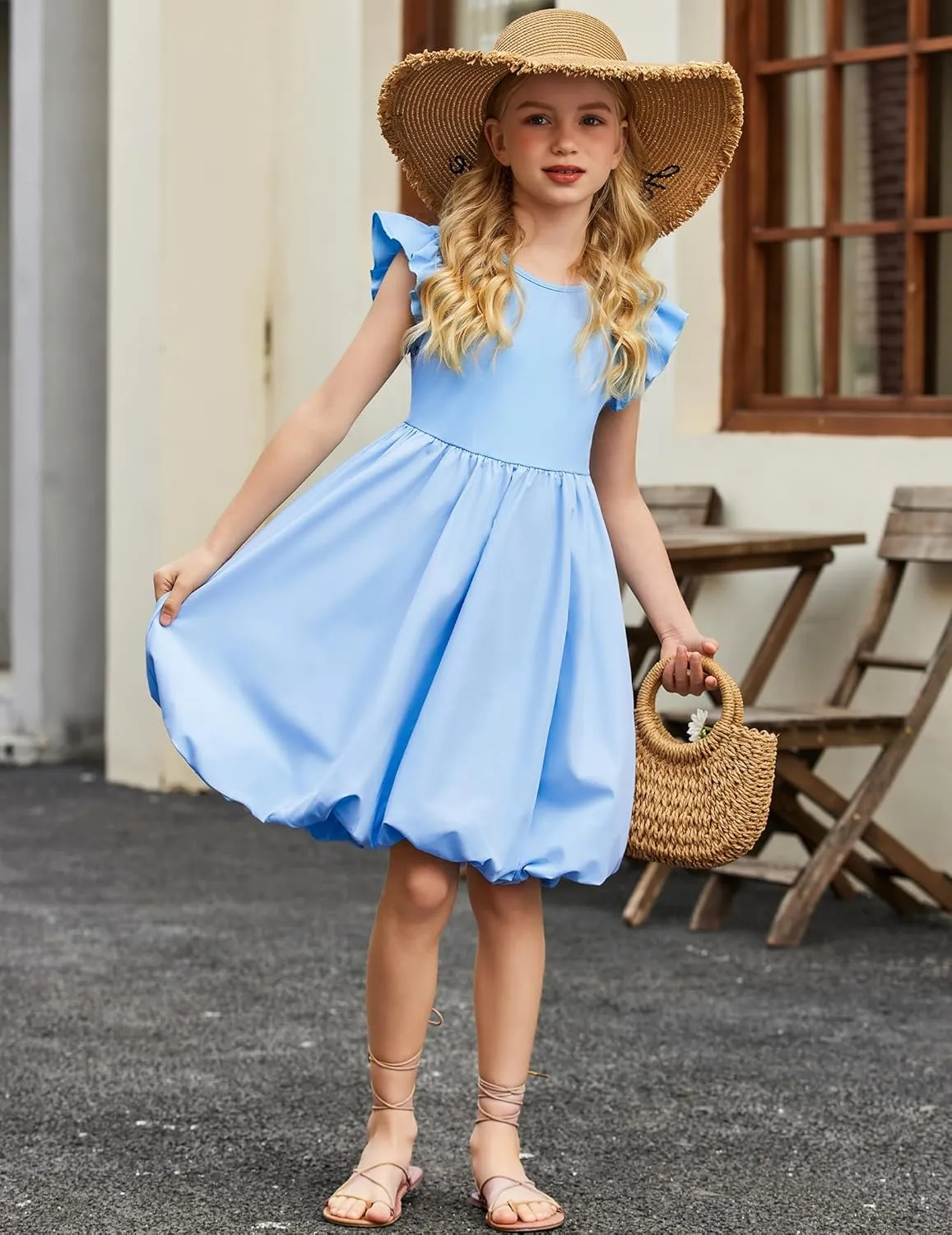 Arshiner Tween Girls Bubble Dress Ruffle Sleeve Party Midi Dresses