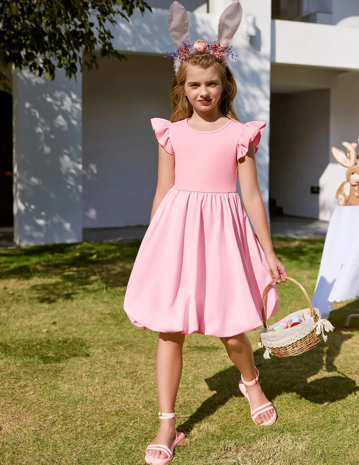 Arshiner Tween Girls Bubble Dress Ruffle Sleeve Party Midi Dresses