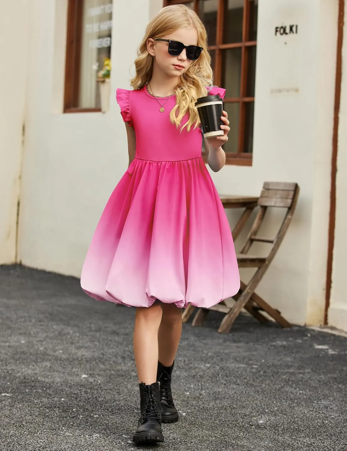 Arshiner Tween Girls Bubble Dress Ruffle Sleeve Party Midi Dresses