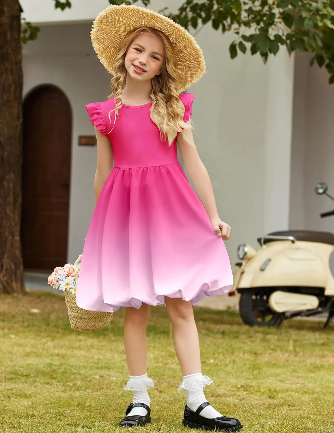 Arshiner Tween Girls Bubble Dress Ruffle Sleeve Party Midi Dresses