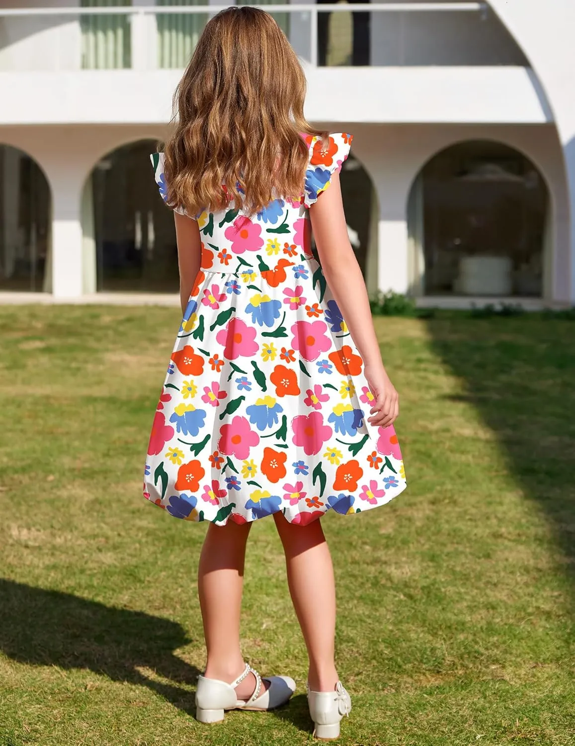 Arshiner Tween Girls Bubble Dress Ruffle Sleeve Party Midi Dresses
