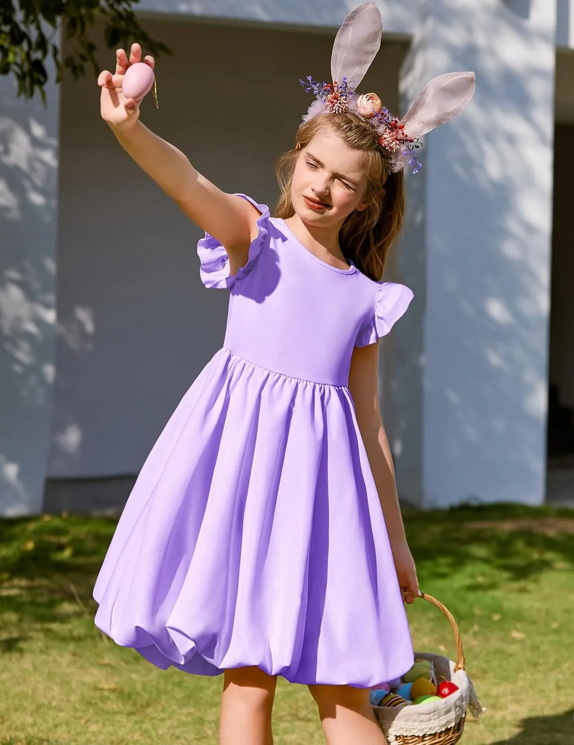 Arshiner Tween Girls Bubble Dress Ruffle Sleeve Party Midi Dresses