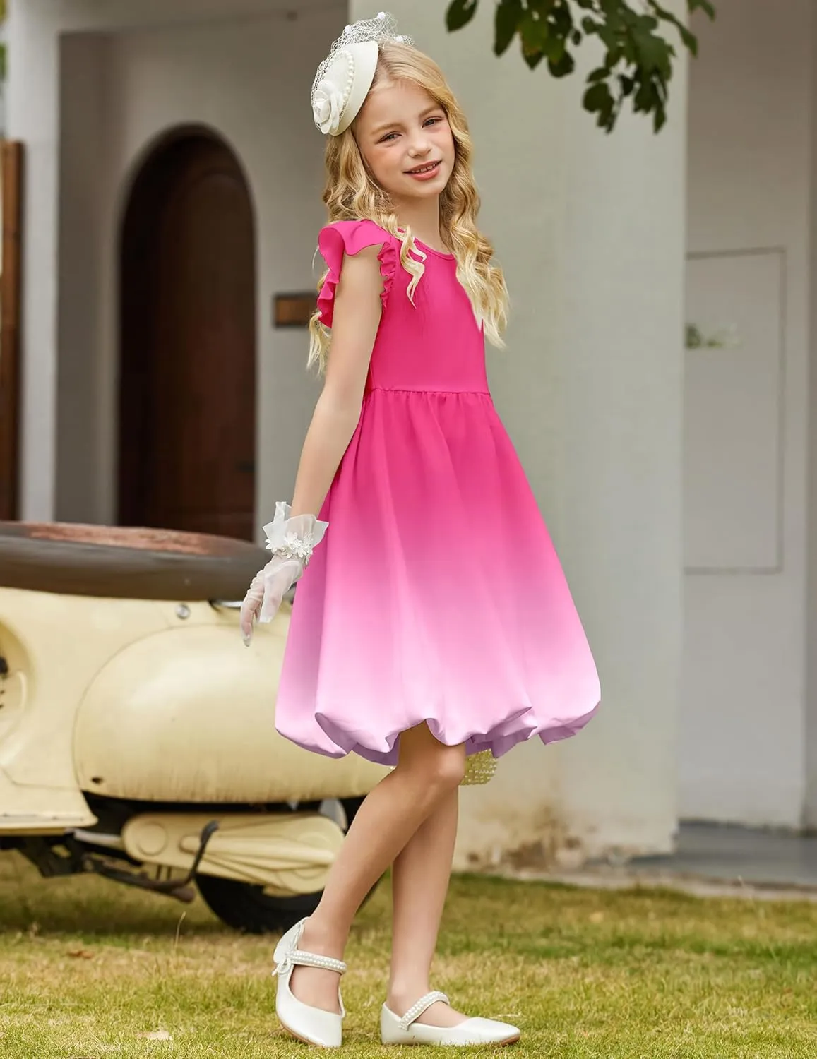 Arshiner Tween Girls Bubble Dress Ruffle Sleeve Party Midi Dresses