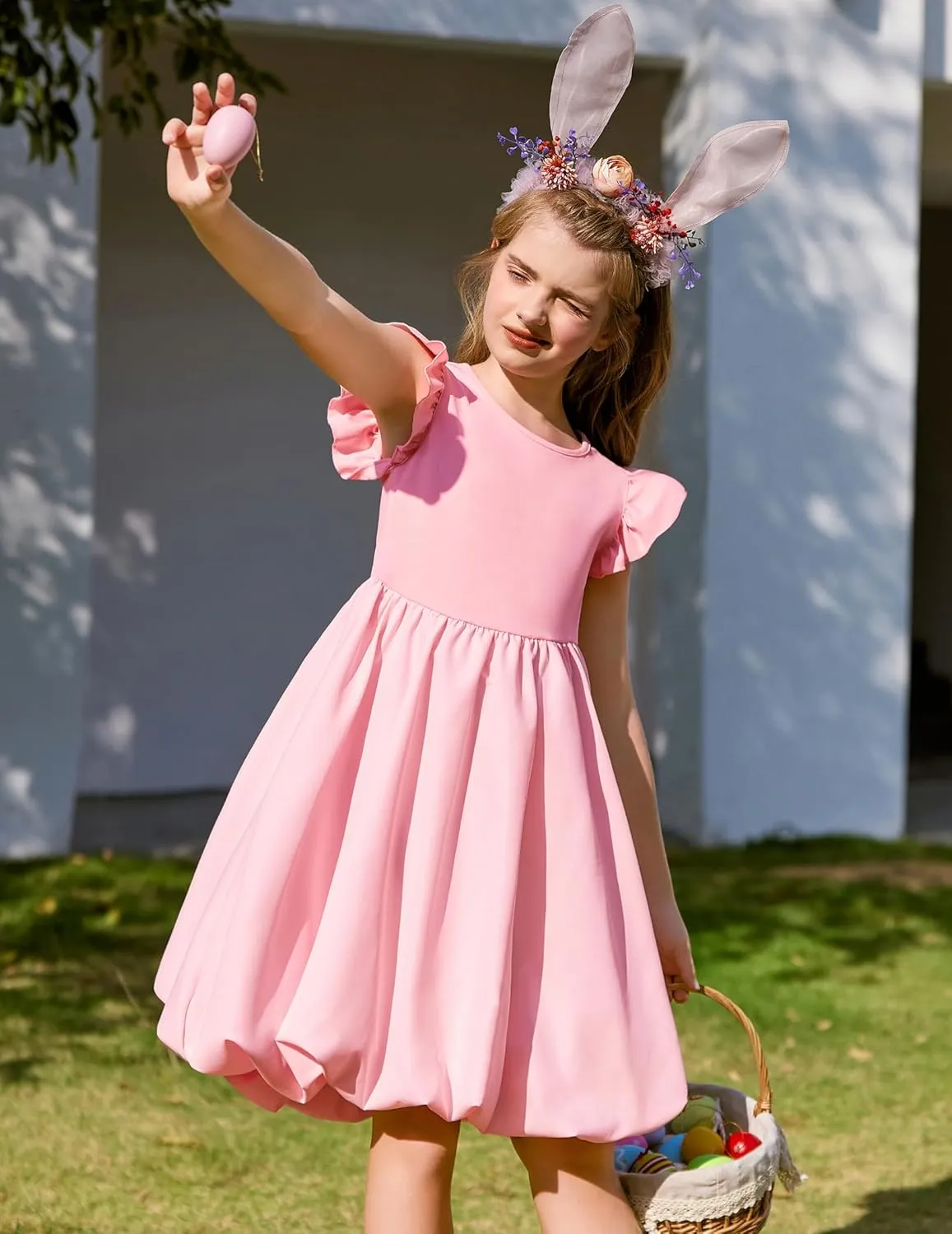 Arshiner Tween Girls Bubble Dress Ruffle Sleeve Party Midi Dresses