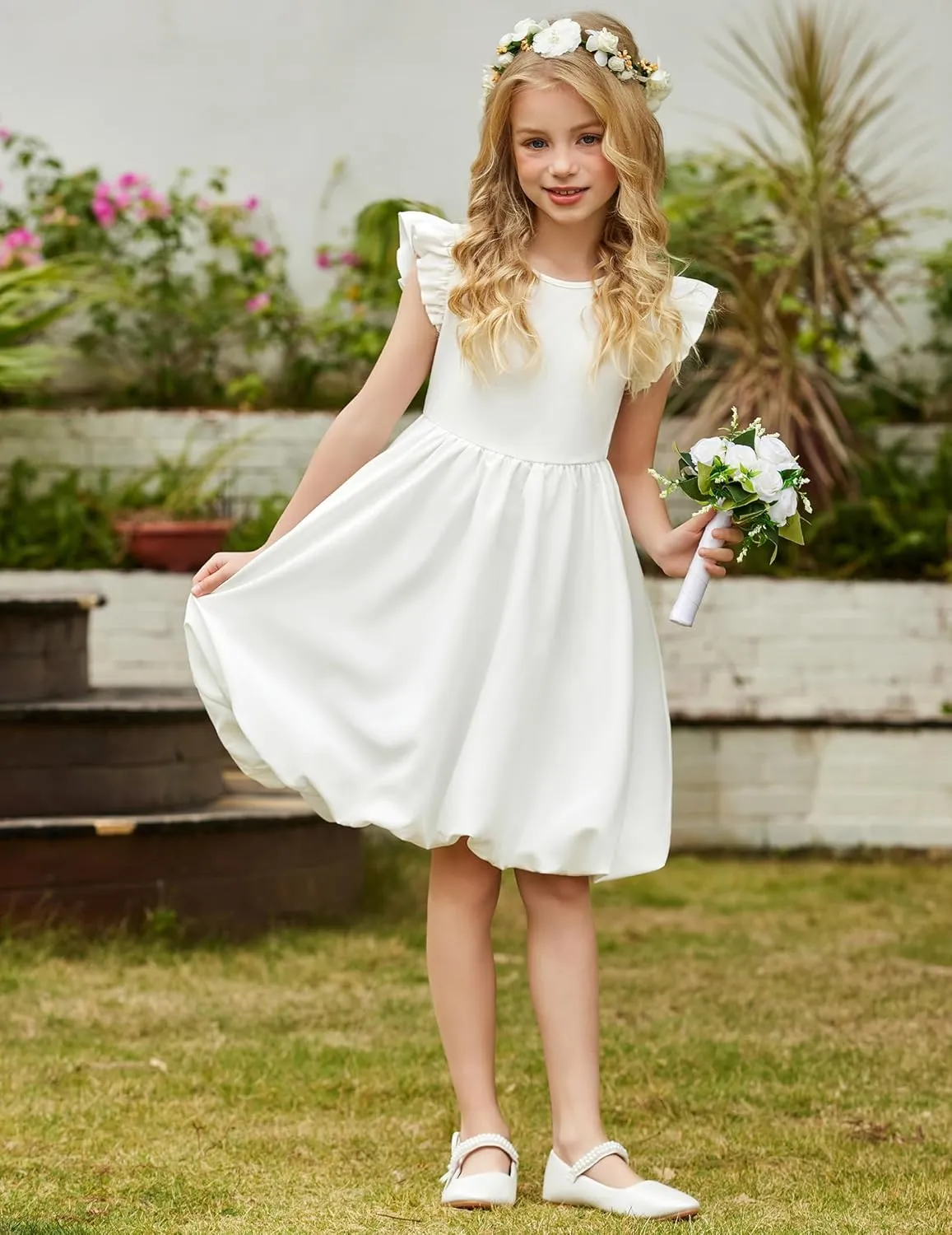 Arshiner Tween Girls Bubble Dress Ruffle Sleeve Party Midi Dresses