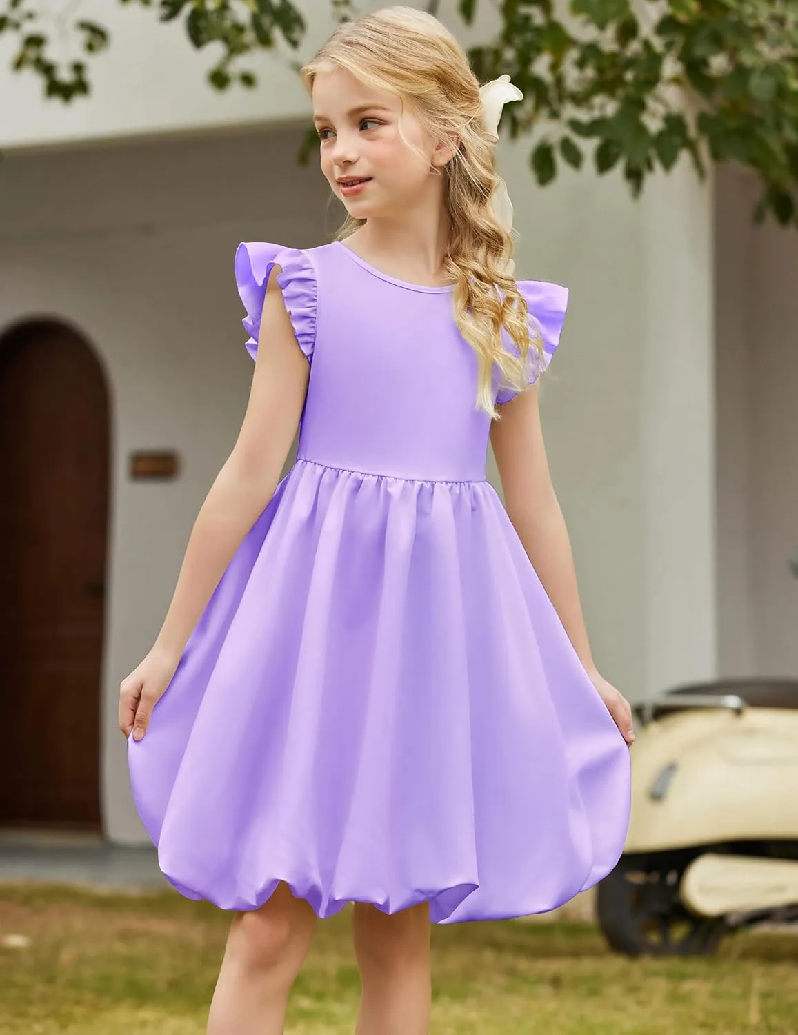 Arshiner Tween Girls Bubble Dress Ruffle Sleeve Party Midi Dresses