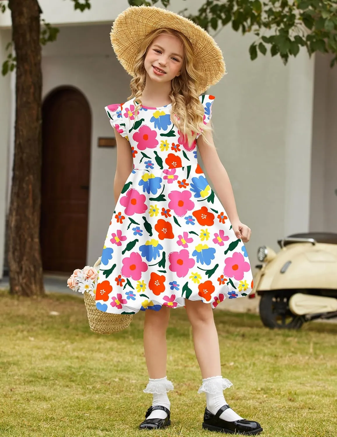 Arshiner Tween Girls Bubble Dress Ruffle Sleeve Party Midi Dresses