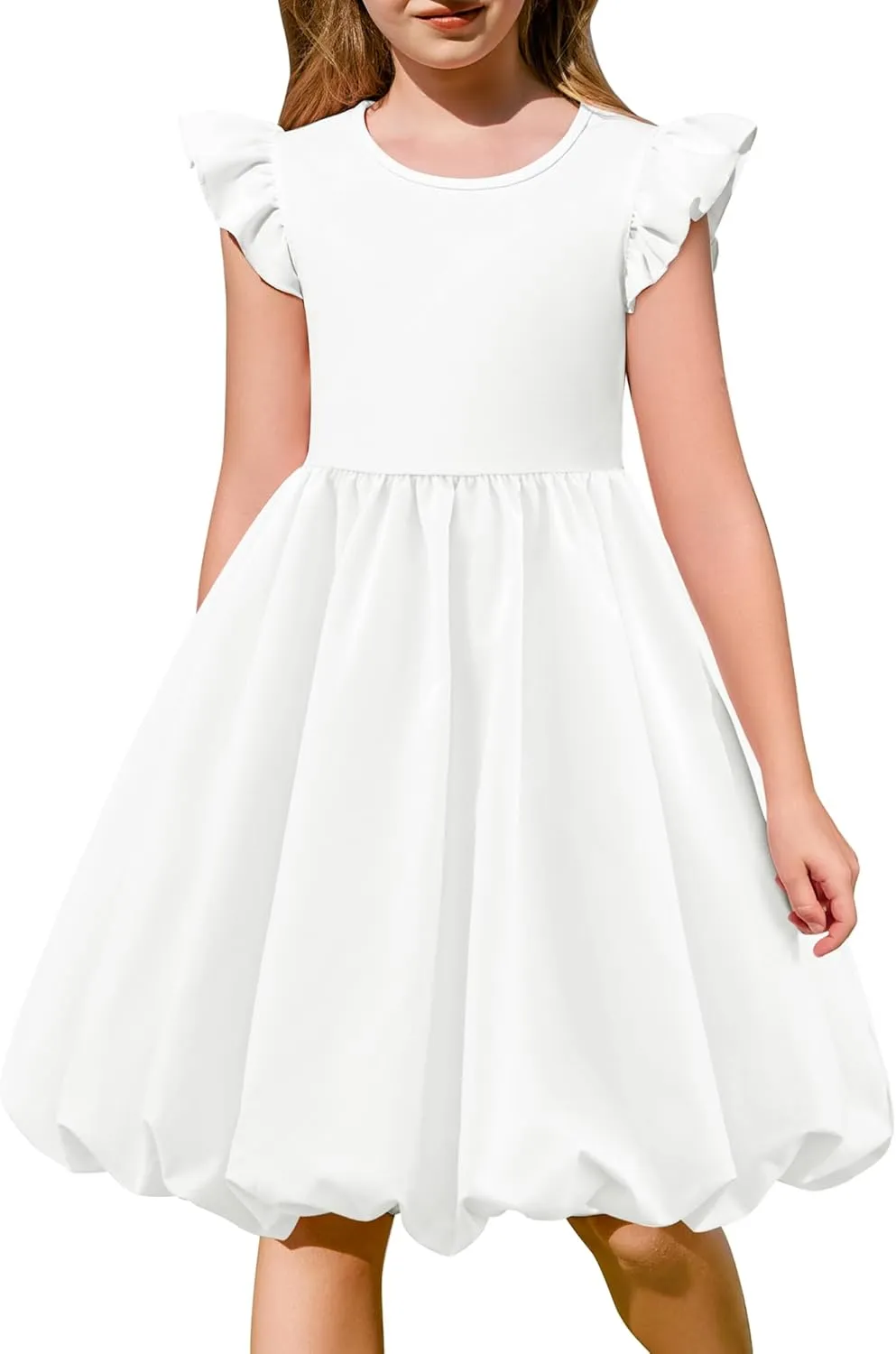 Arshiner Tween Girls Bubble Dress Ruffle Sleeve Party Midi Dresses