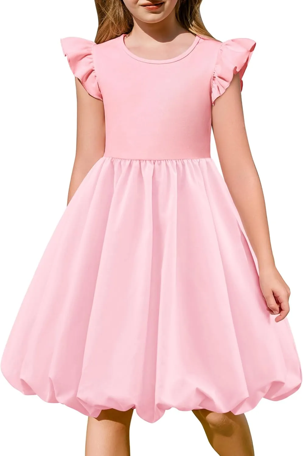 Arshiner Tween Girls Bubble Dress Ruffle Sleeve Party Midi Dresses