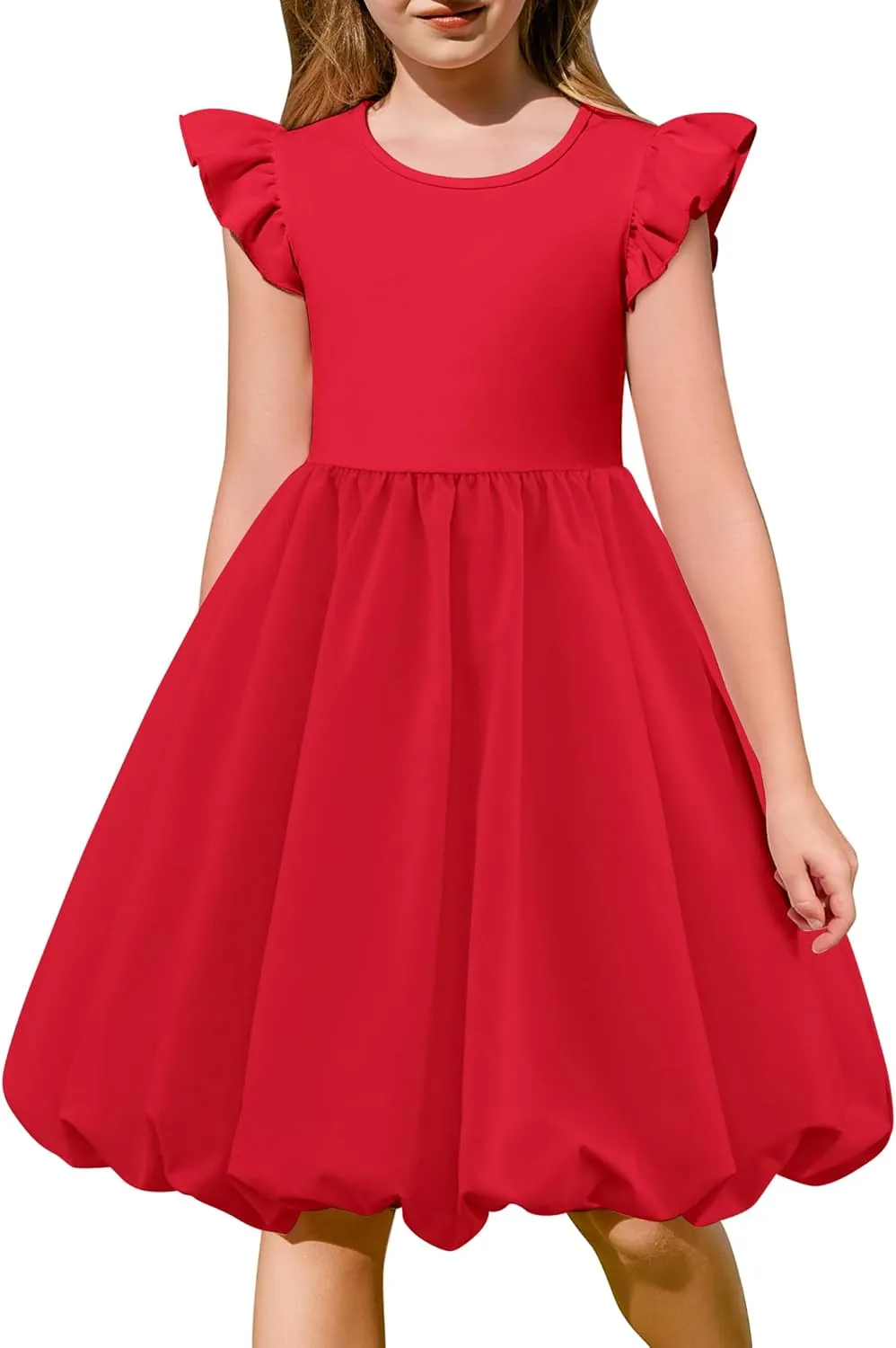Arshiner Tween Girls Bubble Dress Ruffle Sleeve Party Midi Dresses
