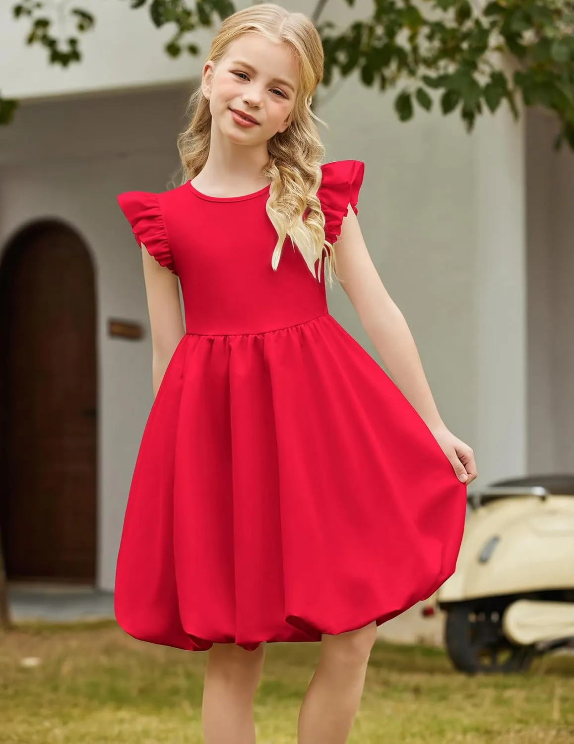 Arshiner Tween Girls Bubble Dress Ruffle Sleeve Party Midi Dresses