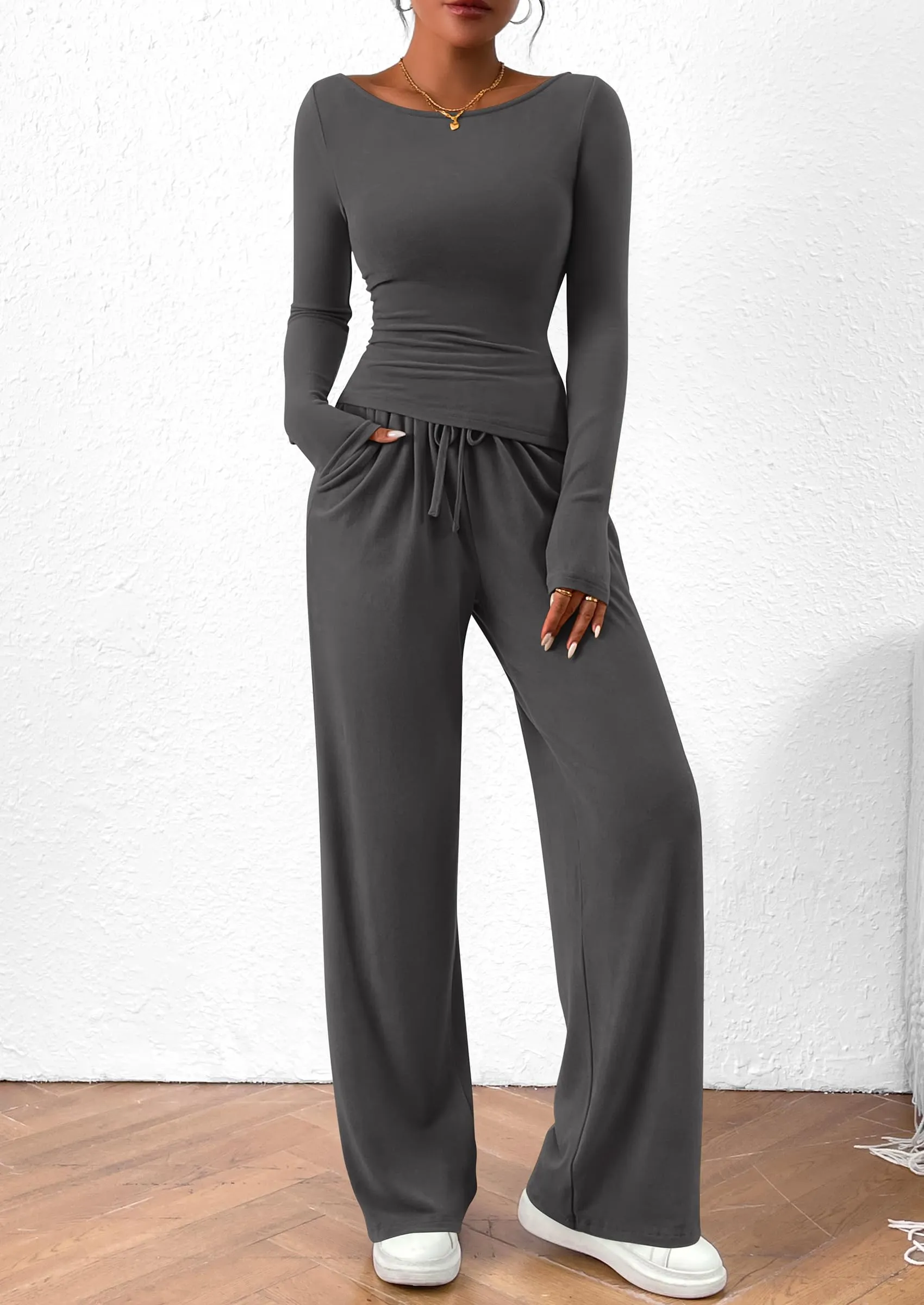 Asymmetrical Long Sleeve T-Shirt Wide Leg Pants Casual 2 Piece Sets